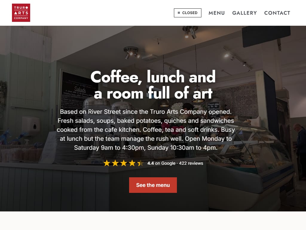 A cafe and art shop website built by ShopFront Pages, on a tablet