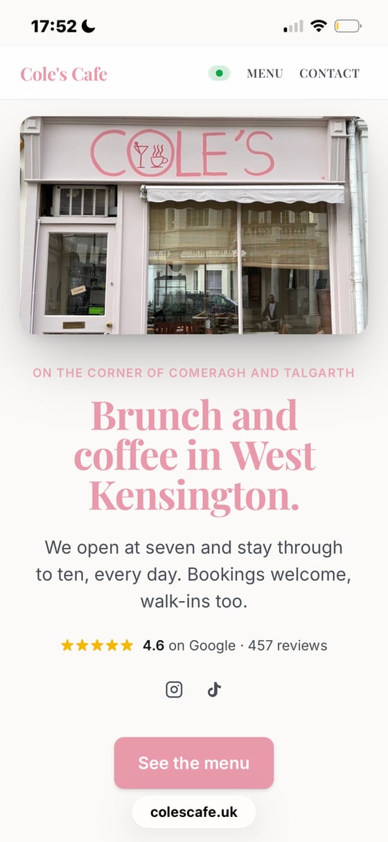 A cafe website built by ShopFront Pages, on a phone