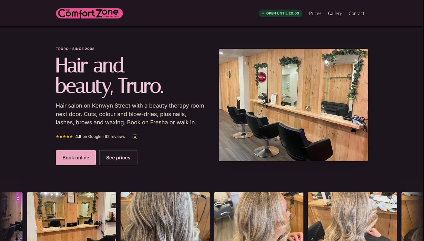 A hair and beauty salon website built by ShopFront Pages